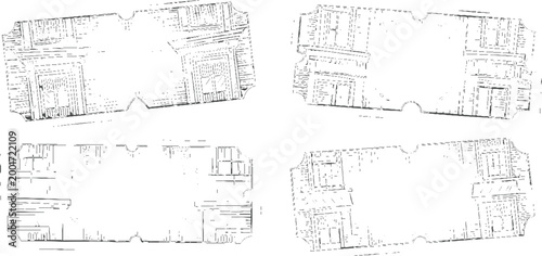 Four vintage ticket stubs with intricate line detailing and perforated edges