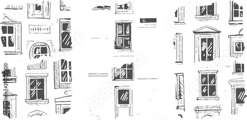 Collection of hand drawn architectural window and door in dark gray and white architecture building facade