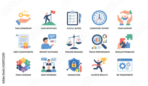 Teamwork and responsibility icons showing labeled actions on white
