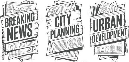 Three newspaper stacks with headlines breaking news city planning urban development and architectural