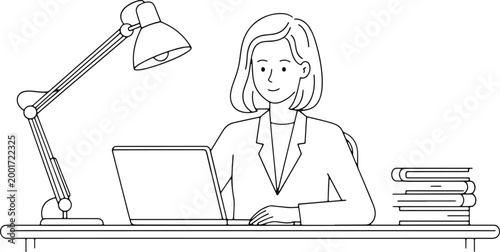 Woman working at desk with laptop and desk lamp, books nearby, focused on task in office setting for productivity and dedication.
