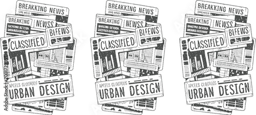 Stack of three identical black and white newspaper pages with headlines breaking news classified and urban