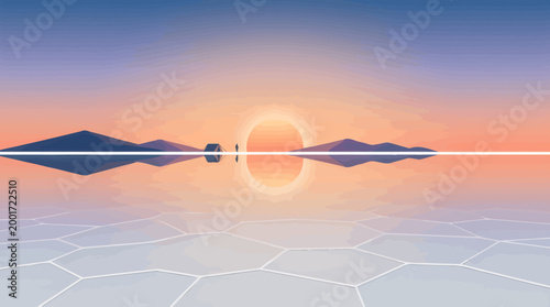 Sun sets over cracked lake with vibrant colors reflecting mountains