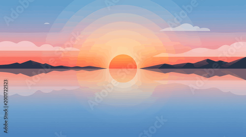 Sunset over calm lake with distant mountains and vibrant sky colors reflecting