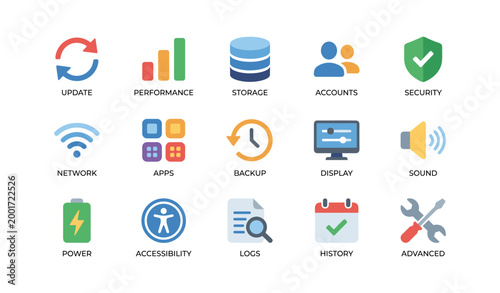 Set of system and settings icons arranged in grid on white background