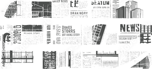 Grayscale collage of newspaper clippings featuring architectural and headlines