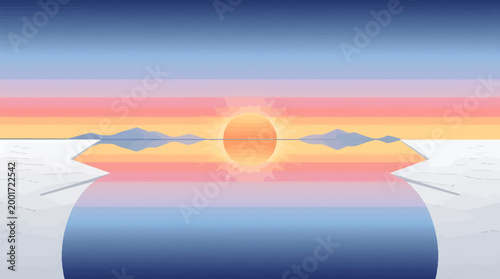 Vibrant sunset unfolds over serene landscape with majestic mountains reflecting on water surface