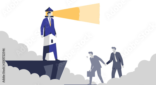Businessman leader, visionary entrepreneur, standing on cliff, guiding team, leadership concept, business strategy