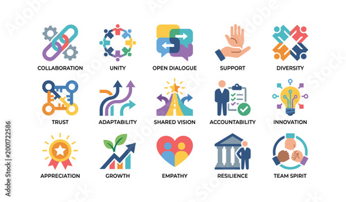 Set of teamwork and values icons arranged in grid on white background