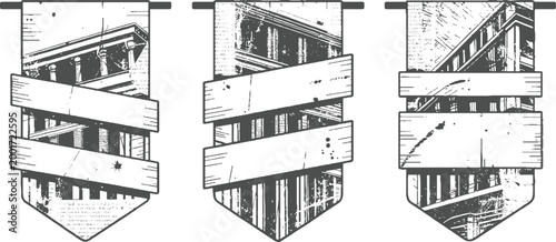 Three vintage banners with architectural and blank wooden planks for text building columns
