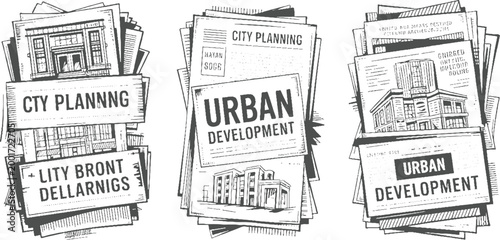 Stacked architectural and city planning documents with bold text labels architecture blueprint urban