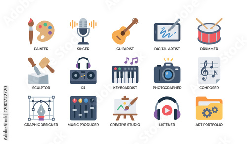 Creative profession icons showing artists and musicians on white