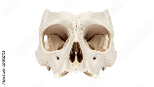 Close-up of a light beige animal skull with dark eye sockets and nasal cavity isolated on a transparent background