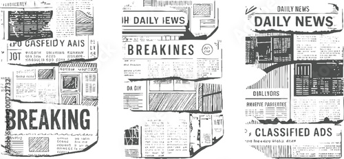 Collage of three newspaper pages with headlines like breaking news and classified ads in a style