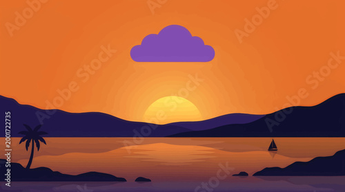 Sunset scene with palm tree and sailboat on calm ocean water near mountains