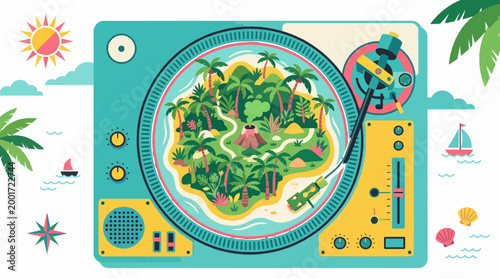 Tropical Paradise Island on Vintage Vinyl Record Turntable Map Vector