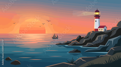 Lighthouse standing tall on rocky coastline at serene sunset with sailboat
