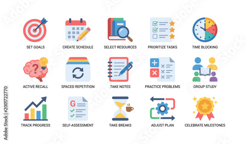 Study strategy icons illustrating planning and review techniques