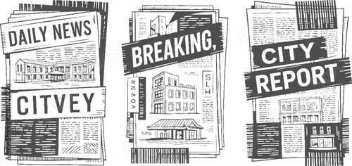 Three vintage newspapers with headlines daily news cityvey breaking and city report featuring architectural