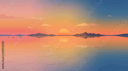Sunset over calm lake with mountains reflecting vibrant colors in water