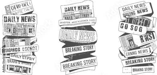 Stacked vintage newspaper headlines and building in dark grey on white daily breaking story