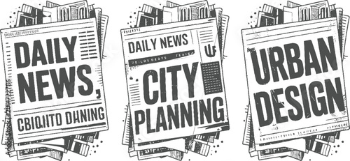 Three newspapers with headlines daily news city planning and urban in a sketchy black and white style