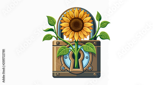 Sunflower growing through metal padlock flat vector icon illustration