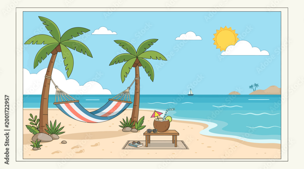 Obraz premium A serene beach scene with palm trees, hammock, and sun shining brightly in the clear blue sky.
