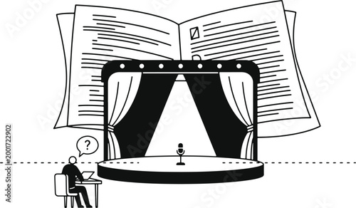 Open book on stage with microphone, concept of storytelling, performance, and literature, person at desk with question mark, inspiration and writing, theatre setup.