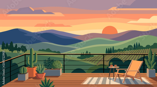 A serene landscape view of rolling hills and mountains at sunset from a deck with plants and furniture.
