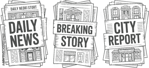 Three stacks of newspapers with headlines daily news breaking story and city report featuring sketched buildings