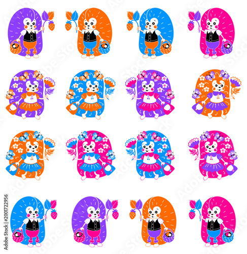 Beautiful collection of hedgehogs with flowers and strawberries. Set in minimals colors. Cute animals isolated on white background