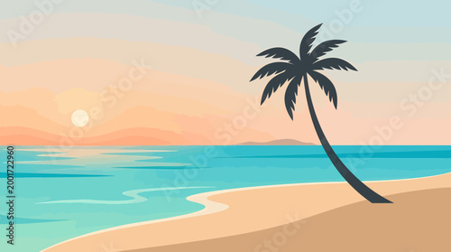 A serene beach scene at sunset features a lone palm tree on sandy shore by calm ocean water with distant mountains.