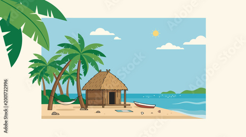A serene tropical beach scene with a hut under palm trees by the ocean at sunset