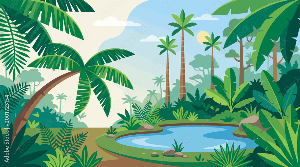 Fototapeta premium A serene tropical landscape scene featuring a tranquil pond surrounded by lush greenery and palm trees in a sunny natural setting.