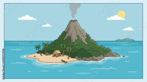 Volcano erupts on a tropical island surrounded by ocean and palm trees under sunny skies.