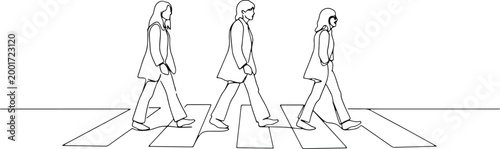 Εκτύπωση καμβά Three figures walking across a road crossing, minimalist line art, iconic silhouette, music reference, Abbey Road inspired, simple urban scene, pedestrians crossing street