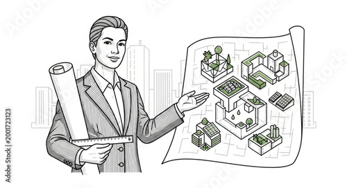 Businessman holding architectural plans presentation.