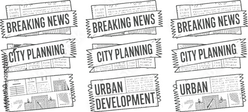 Three newspaper headlines breaking news city planning urban development in dark grey ink on white