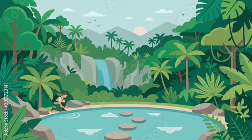 A serene jungle scene with a waterfall cascading into a peaceful pool surrounded by lush green tropical plants and trees.