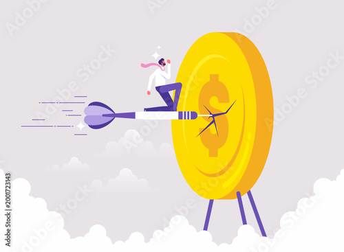 Investment success and business achievement concept, businessman riding on darts and hitting a dollar coin target at the bullseye, financial goals