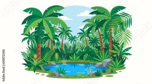 Tropical scene with palm trees and a serene lake in a lush green forest landscape.