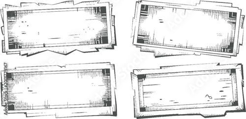 Four hand drawn vintage paper frames with textured borders and blank white space for text