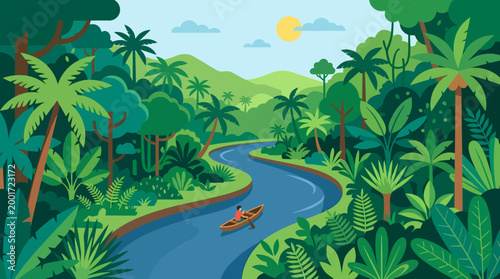 People explore a tropical river surrounded by lush green plants and palm trees
