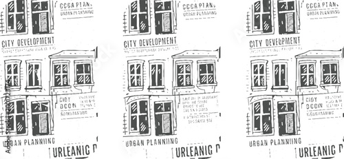 Three identical vintage architectural of building facades with text about city development and urban planning