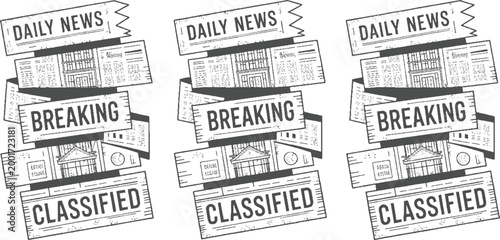Three newspaper sections with headlines daily news breaking and classified in a sketchy black and white