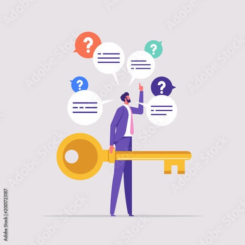 Key to unlock answer for problem and questions concept, solution or reason to solve problem, businesswoman holding golden key and offer solution for question marks