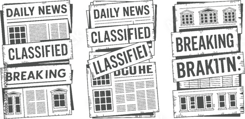 Stacked newspapers with headlines daily news classified breaking news and building facades