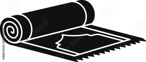 Prayer mat rolled and unrolled showing decorative pattern black silhouette.