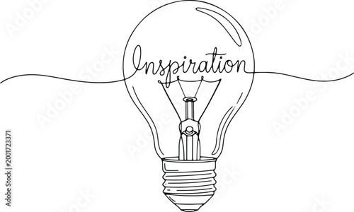 Light bulb with word inspiration drawn in single line art style on a transparent background representing creativity and new ideas.